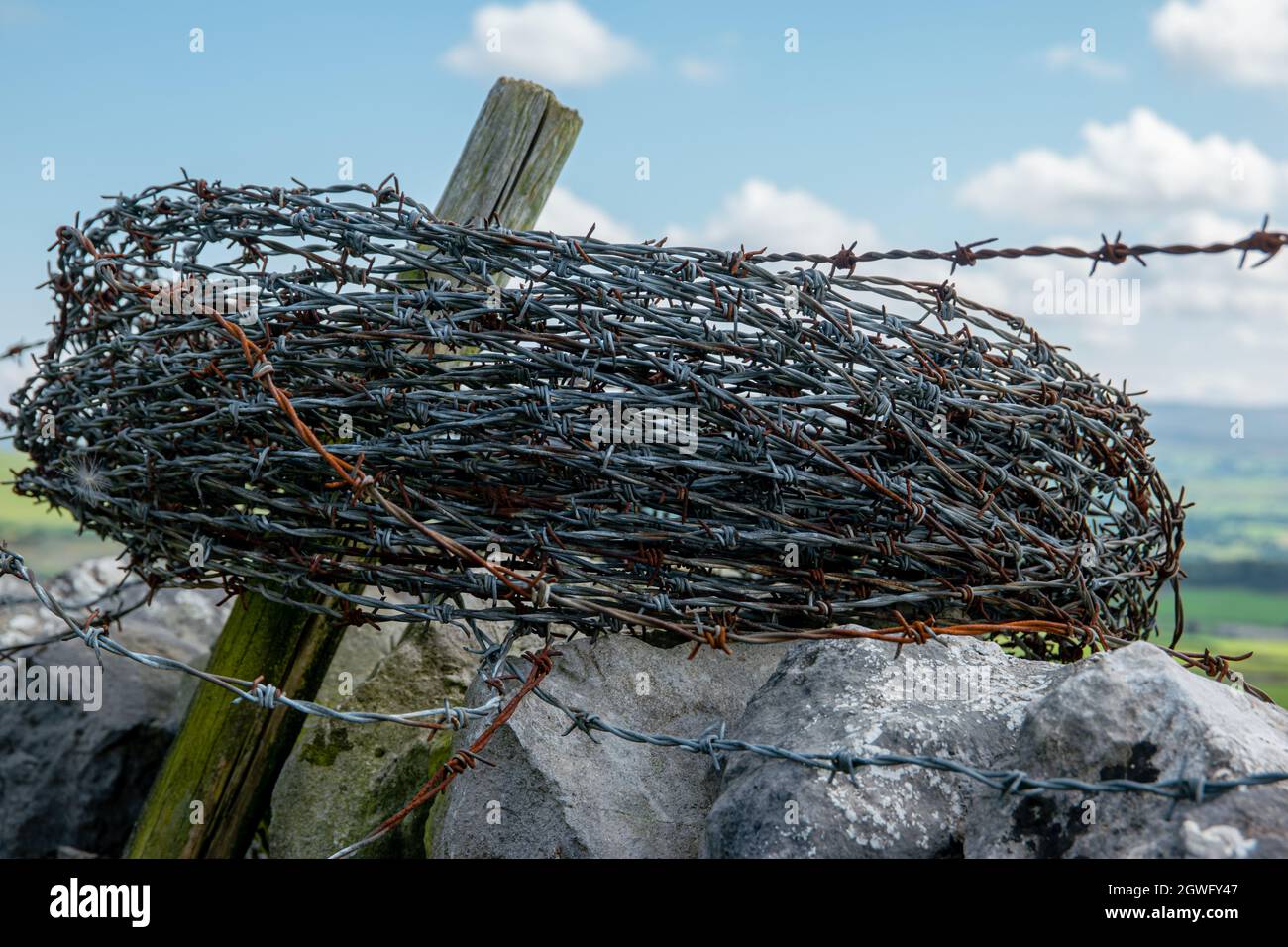 A rusted roll of spare modern agricultural barbed wire on a Roman stone wall and fence Stock Photo