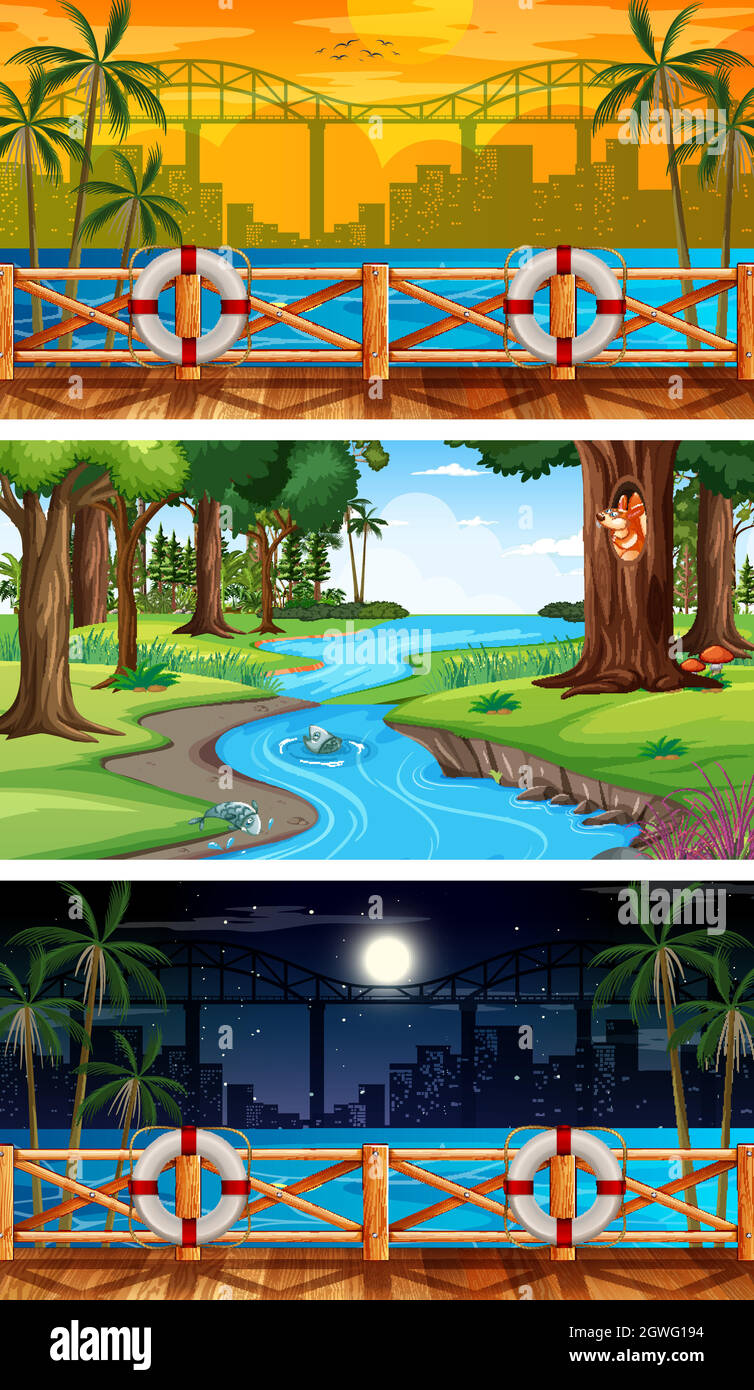 Set of different forest horizontal scenes in different times Stock Vector