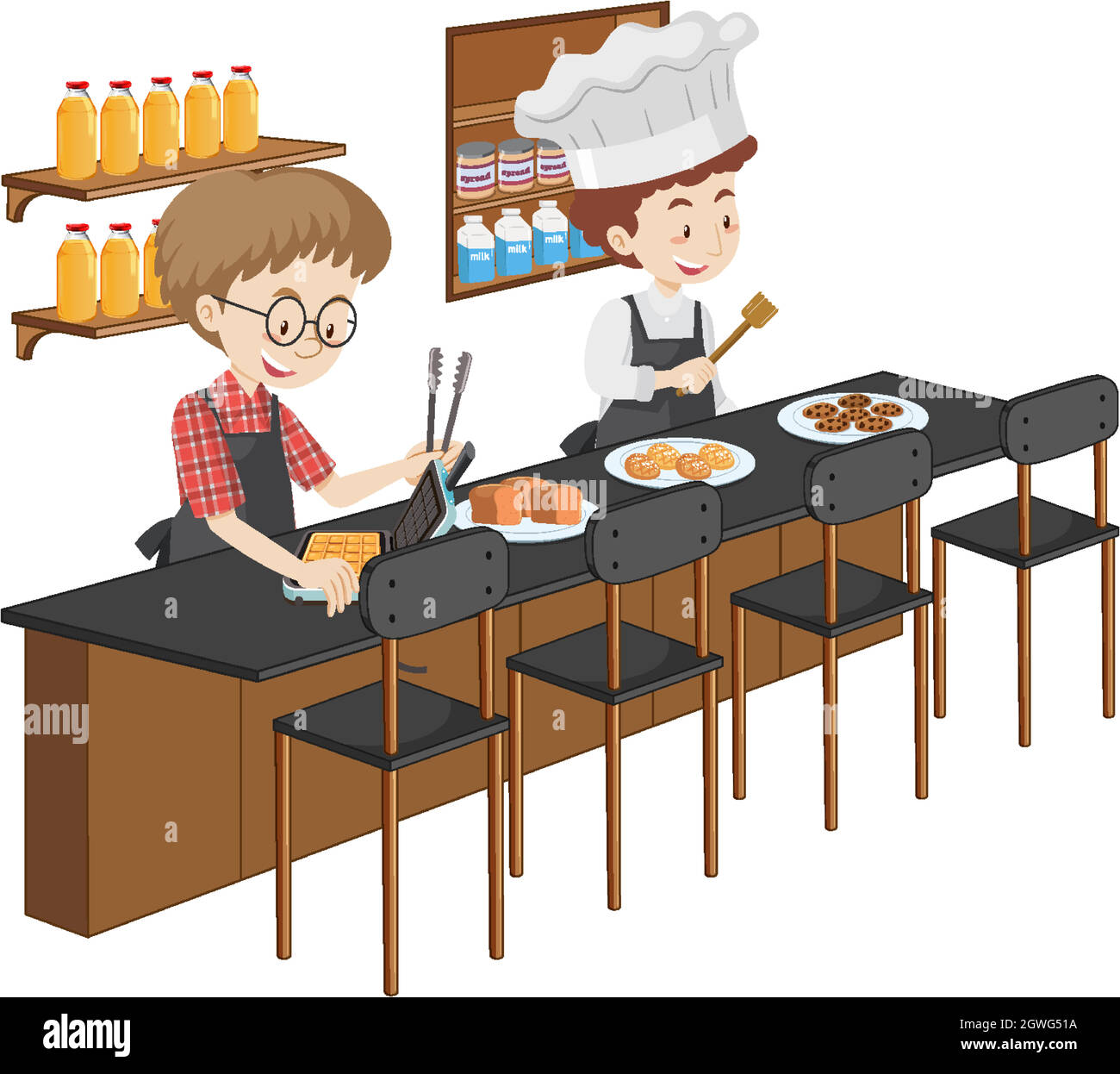 Young man cooking cartoon character with kitchen elements on white background Stock Vector Image