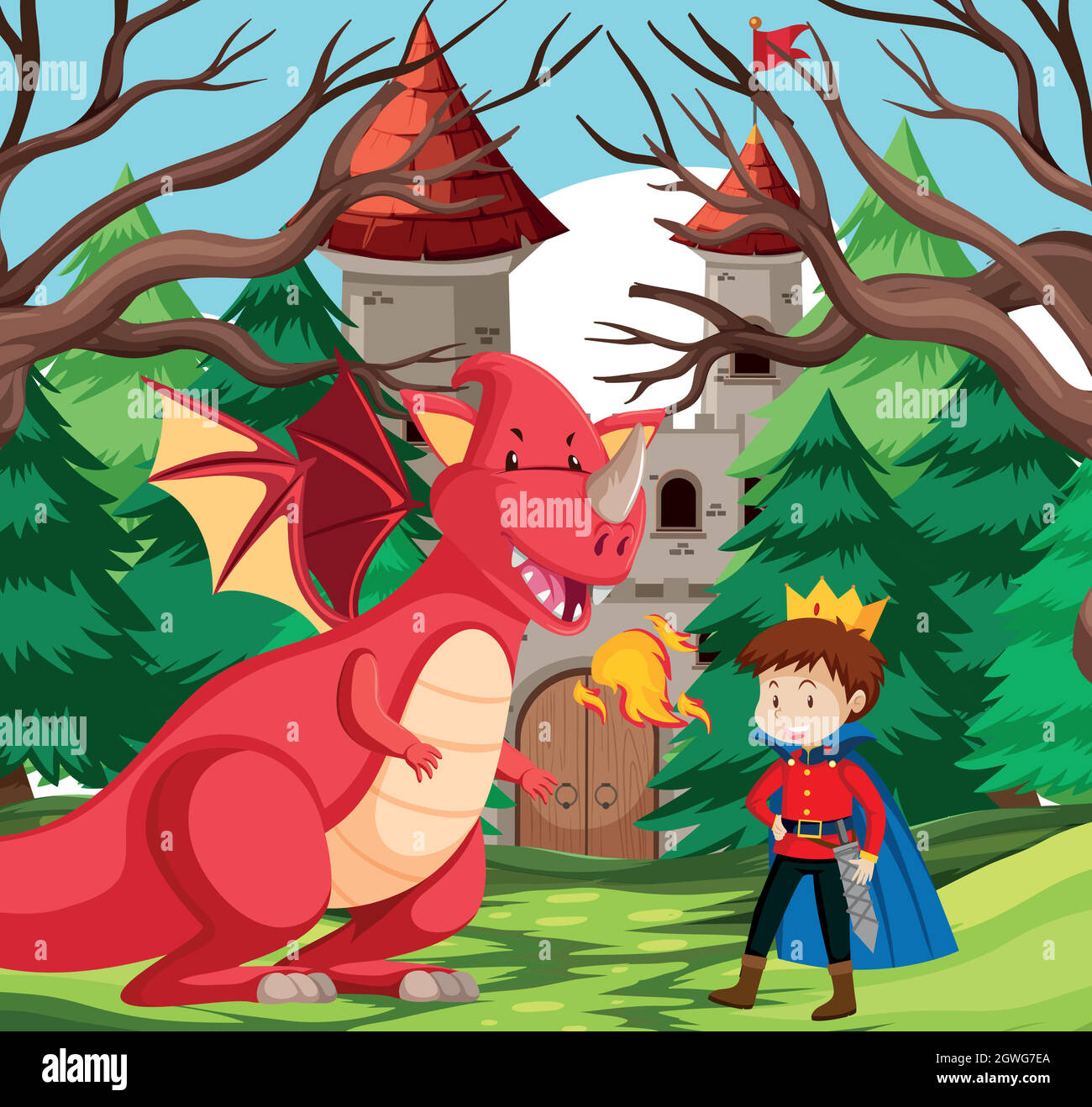 A king and dragon at castle Stock Vector
