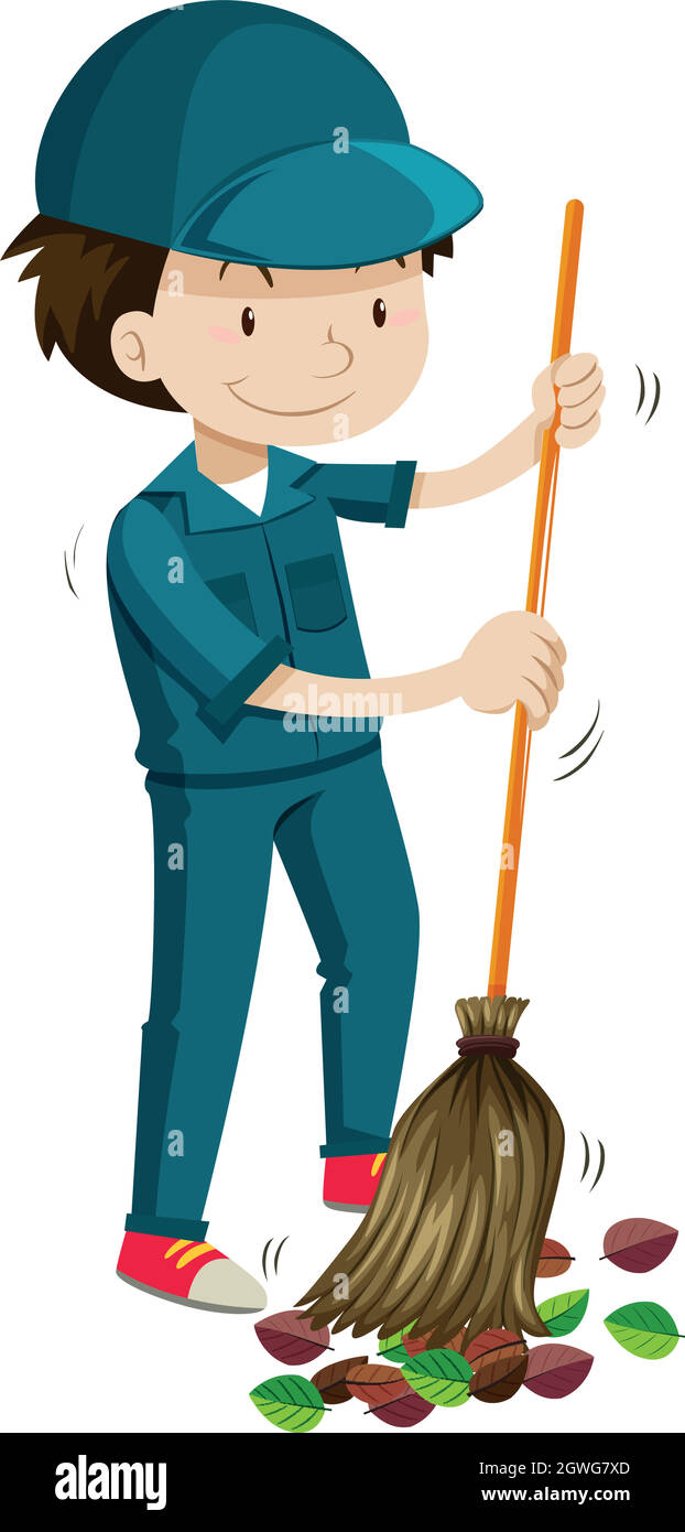 Janitor sweeping the fallen leaves Stock Vector