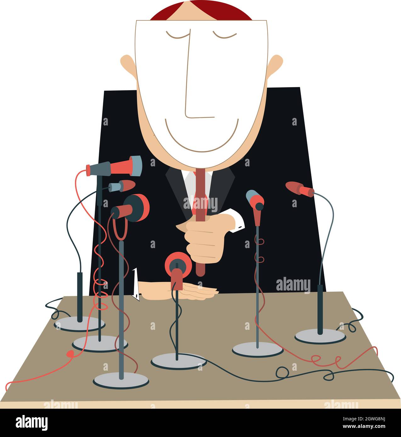 Table, microphones and man hides face under the mask illustration. A lot of microphones and man sits at the table and hides face under the smiling mas Stock Vector