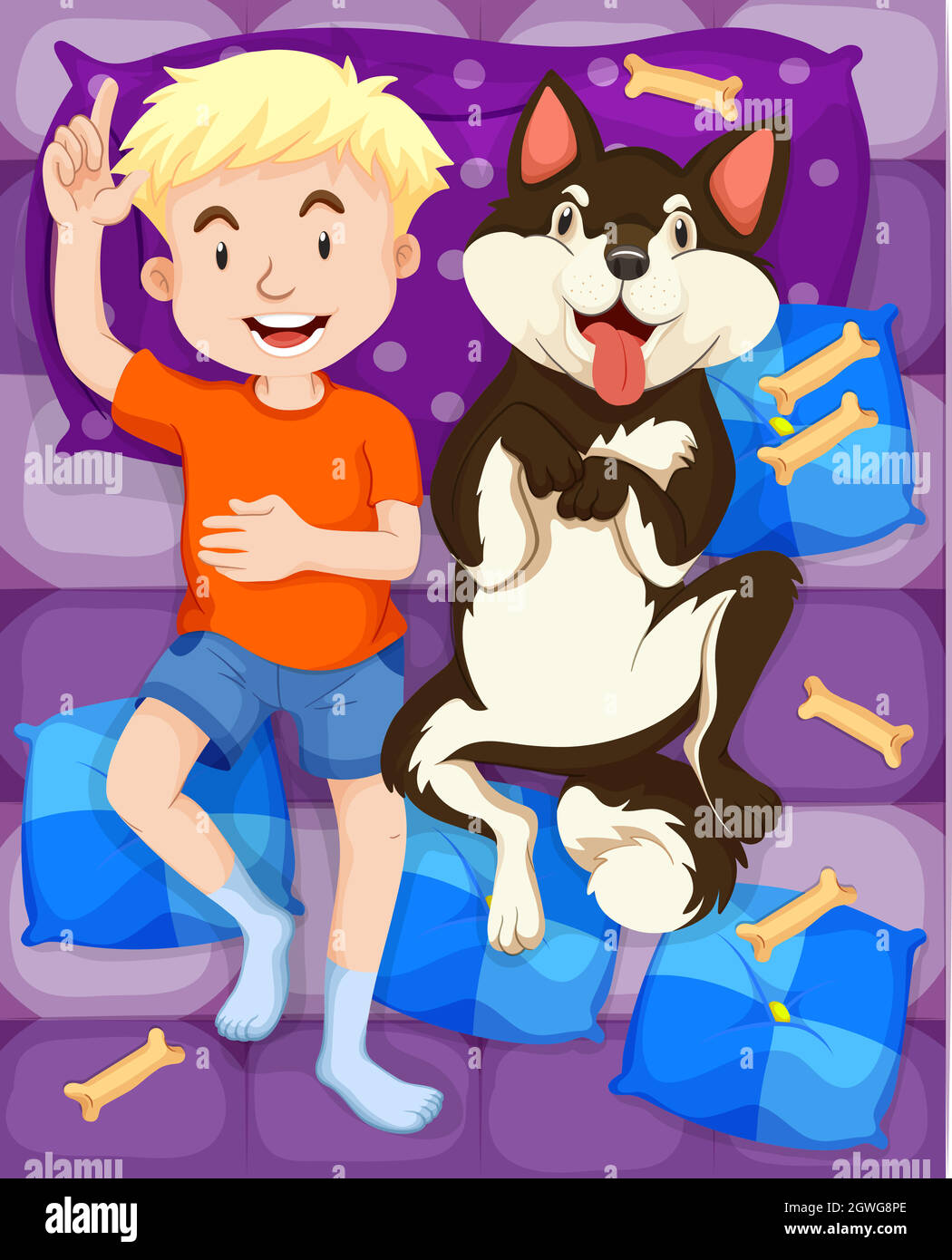 Boy sleeping with dog in bed Stock Vector