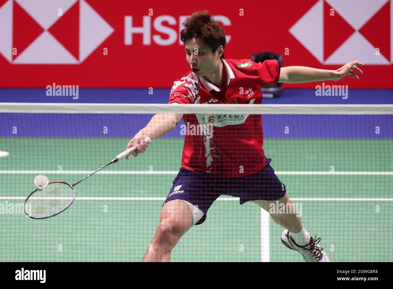 Vantaa, Finland. 3rd Oct, 2021. Shi Yuqi of China competes during the men's  singles match against Momota Kento of Japan of the final between China and  Japan at Badminton Sudirman Cup 2021