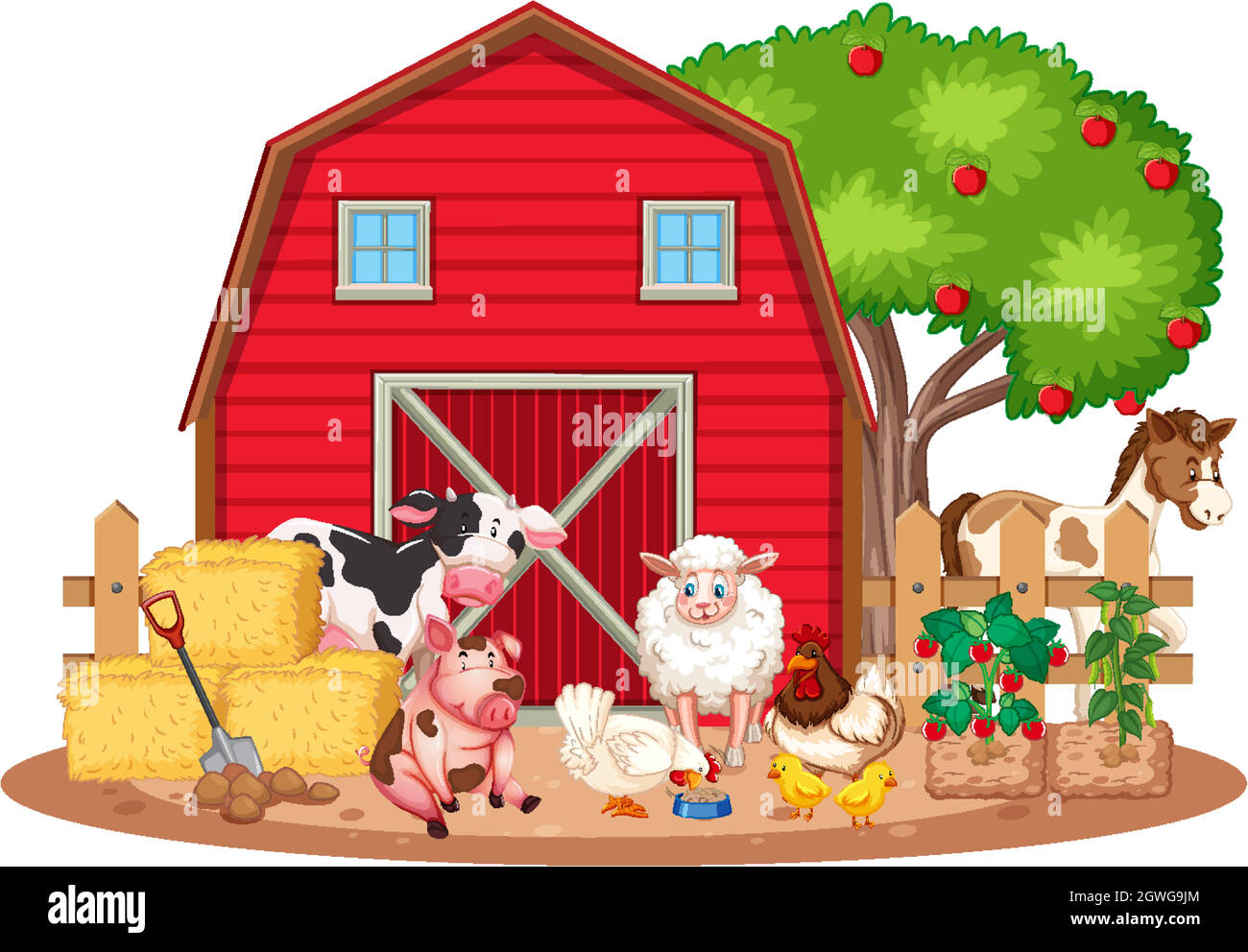 Scene with many farm animals on the farm Stock Vector