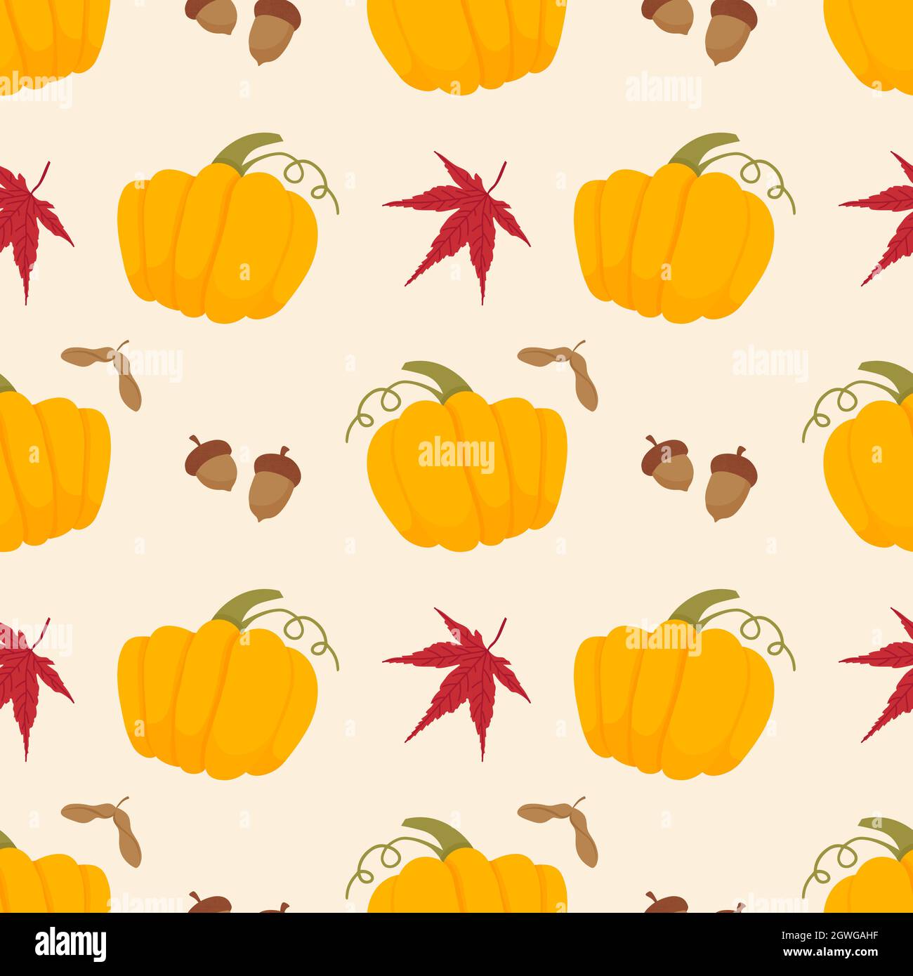Autumn seamless pattern with yellow pumpkins, red leaves and oak acorn ...
