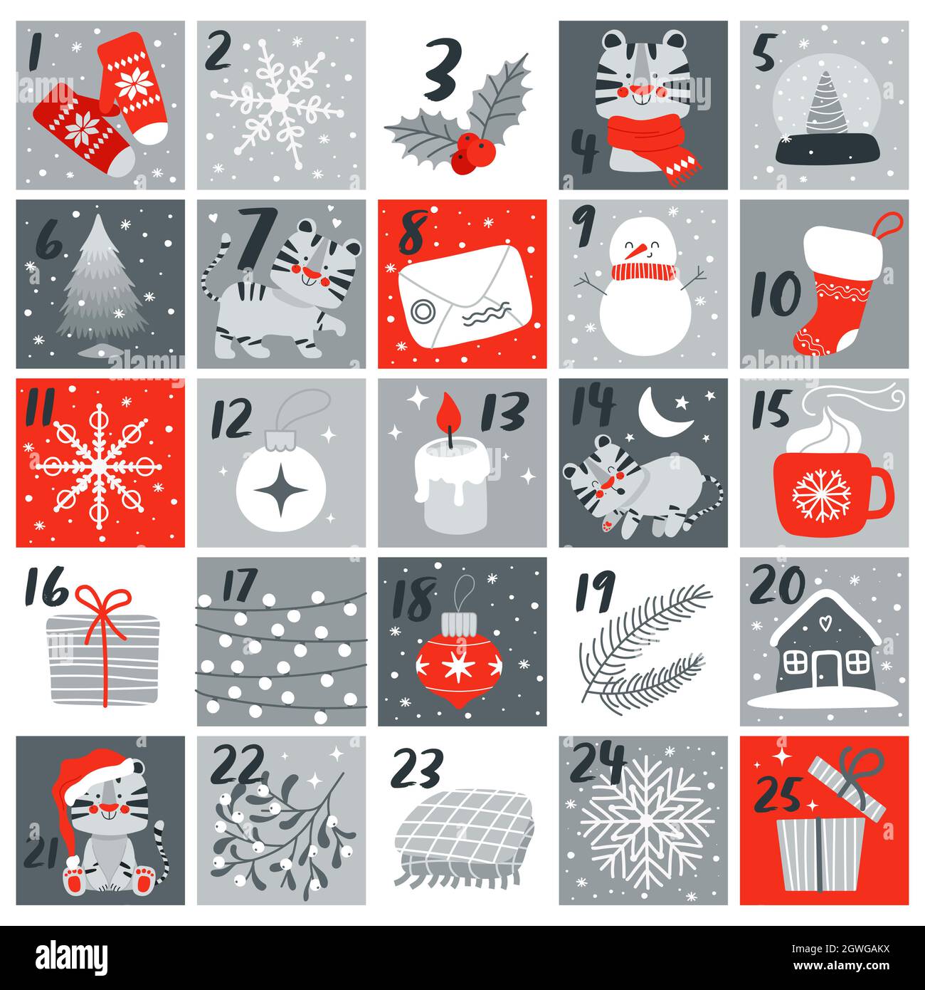 Advent Calendar With Cute White Tiger, Symbol Of 2022 Year And Other  Christmas Element. Vector Illustration In Hand Drawn Scandinavian Childish  Style Stock Vector Image & Art - Alamy