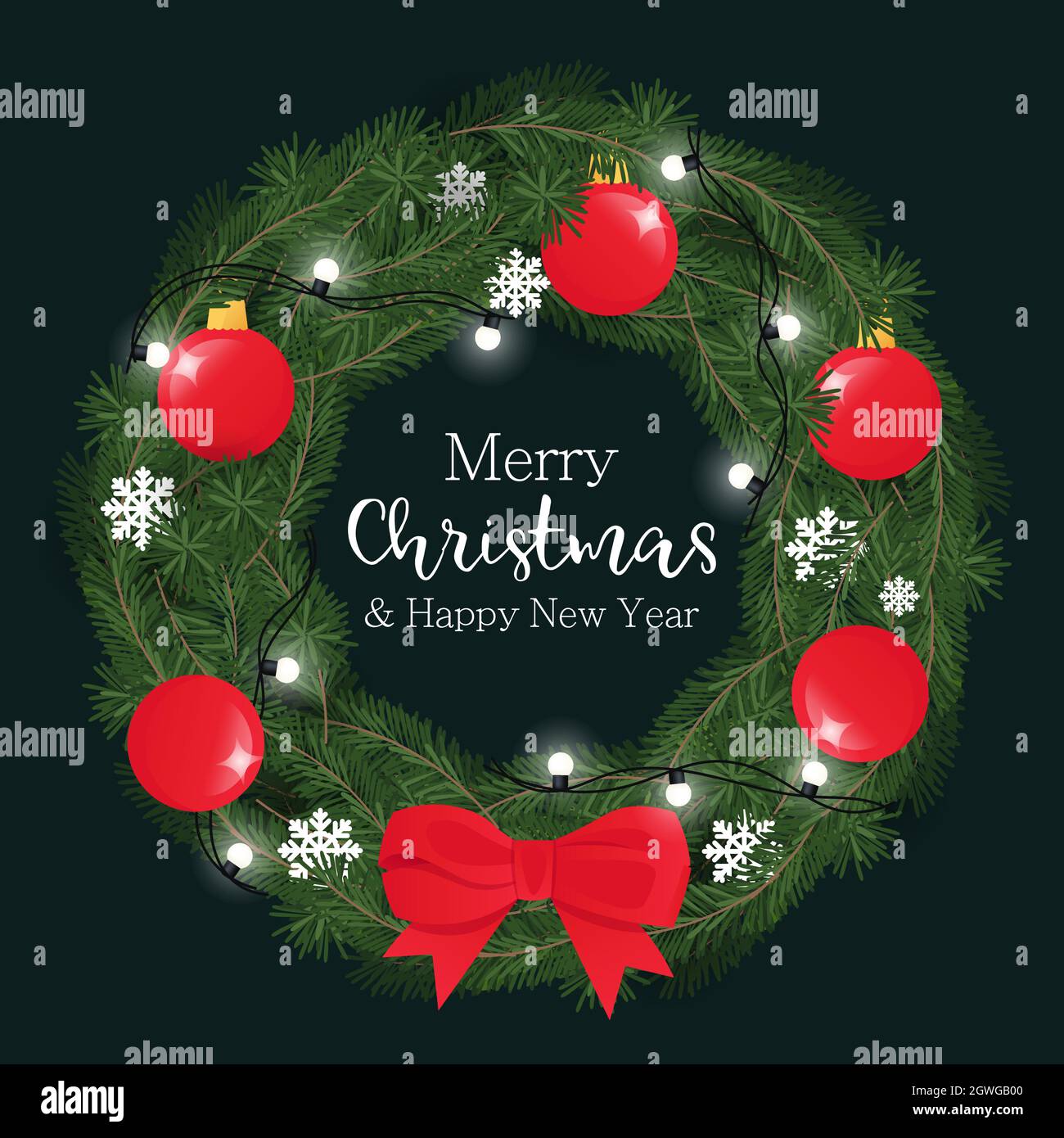 Christmas wreath with fir branch, decorated garland, balls and red bow ...