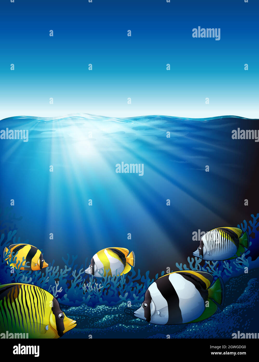 Fishes under the sea with sunlight Stock Vector