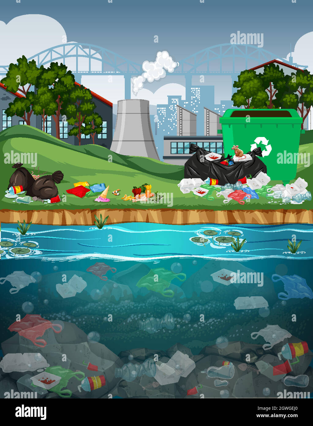 Water pollution with plastic bags in river Stock Vector