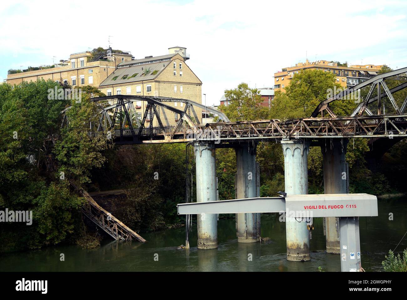 A view of the "Ponte dell'Industria (Iron Bridge)" that has partially  collapsed due to a fire that broke out at night.The "Ponte dell'Industria",  also known as the "Ponte di ferro (Iron Bridge)",