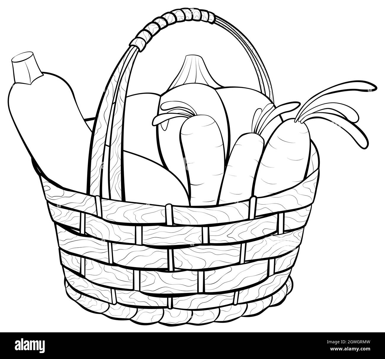 Basket with vegetables black line monochrome hand drawn vector illustration  isolated on white. Autumn and harvest Stock Vector Image & Art - Alamy