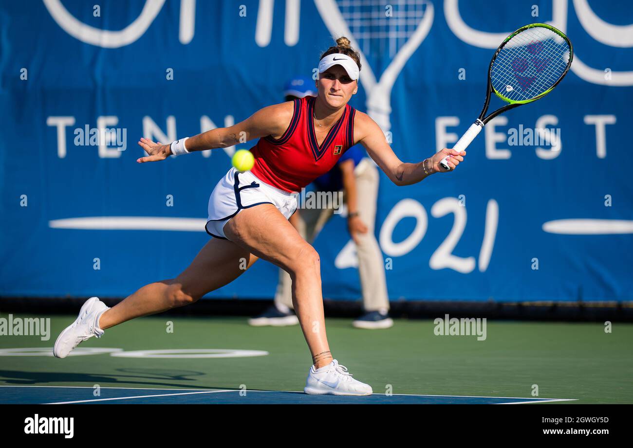 Marketa Vondrousova of the Czech Republic in action during the  quarter-final of the 2021 Chicago Fall Tennis Classic WTA 500 tennis  tournament against Danielle Collins of the United States on October 1,