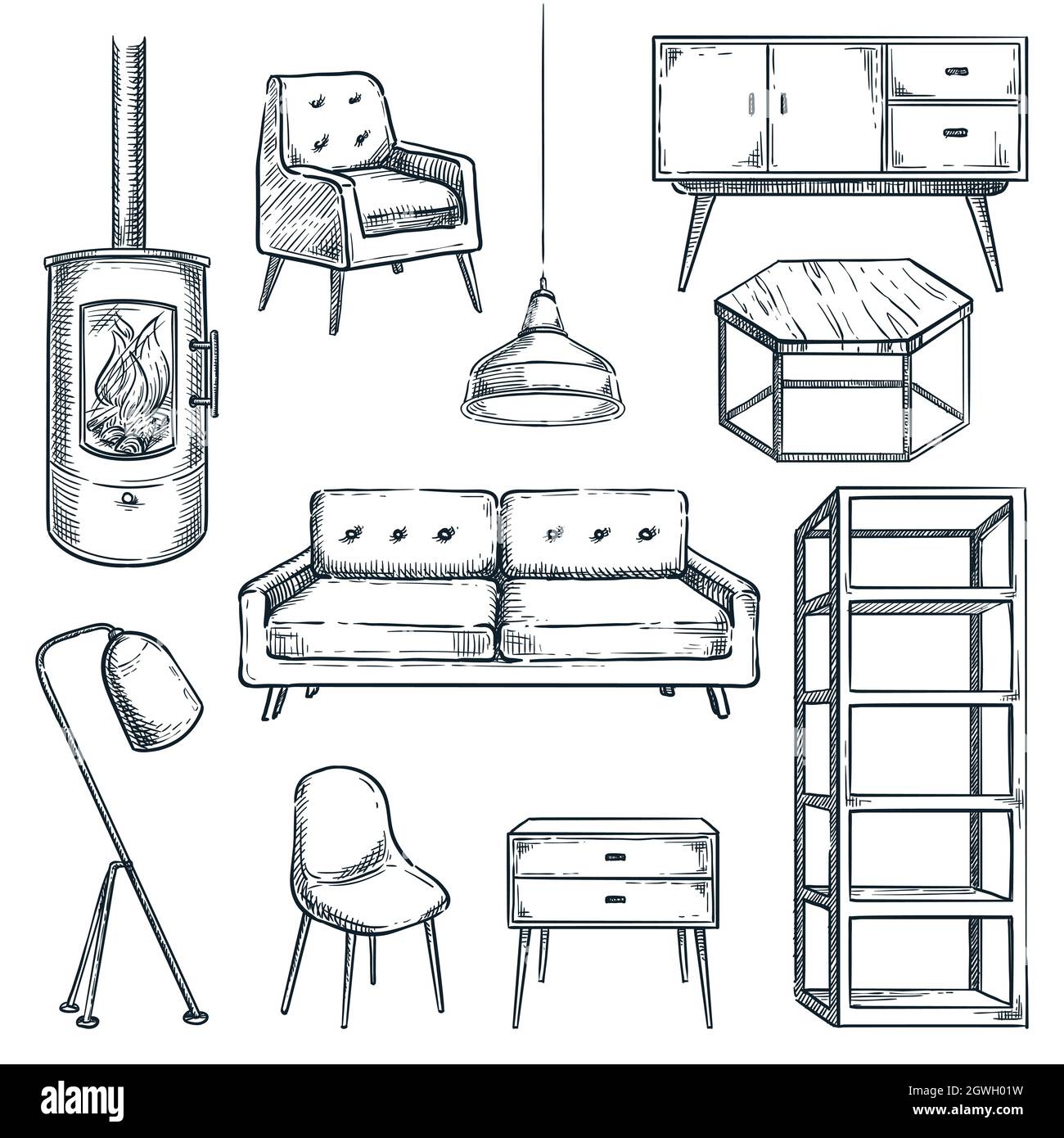 Sketches Furniture Modern Interior Objects Chairs Beds Technical Drawings  For Architectural Design Projects Recent Vector Illustrations Set  Collection Stock Illustration  Download Image Now  iStock