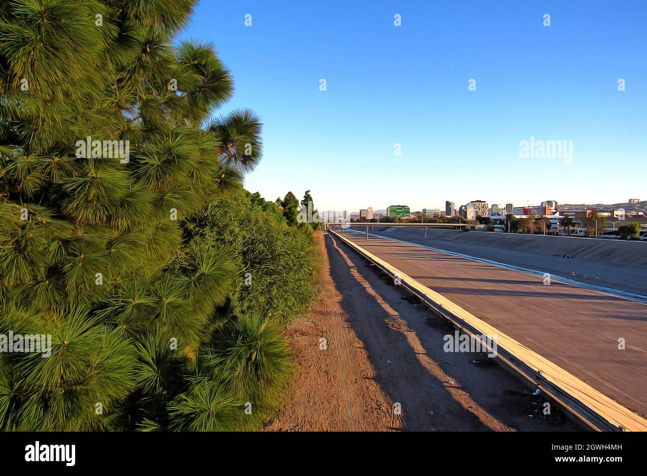 Road By Palm Trees Against Clear Blue Sky Stock Photo
