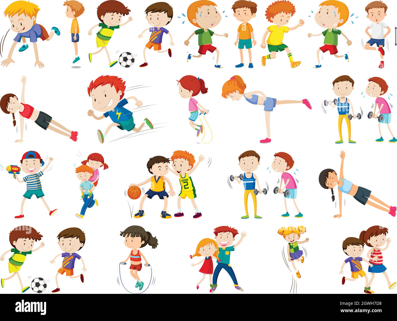 Kids exercising and being active in set Stock Vector