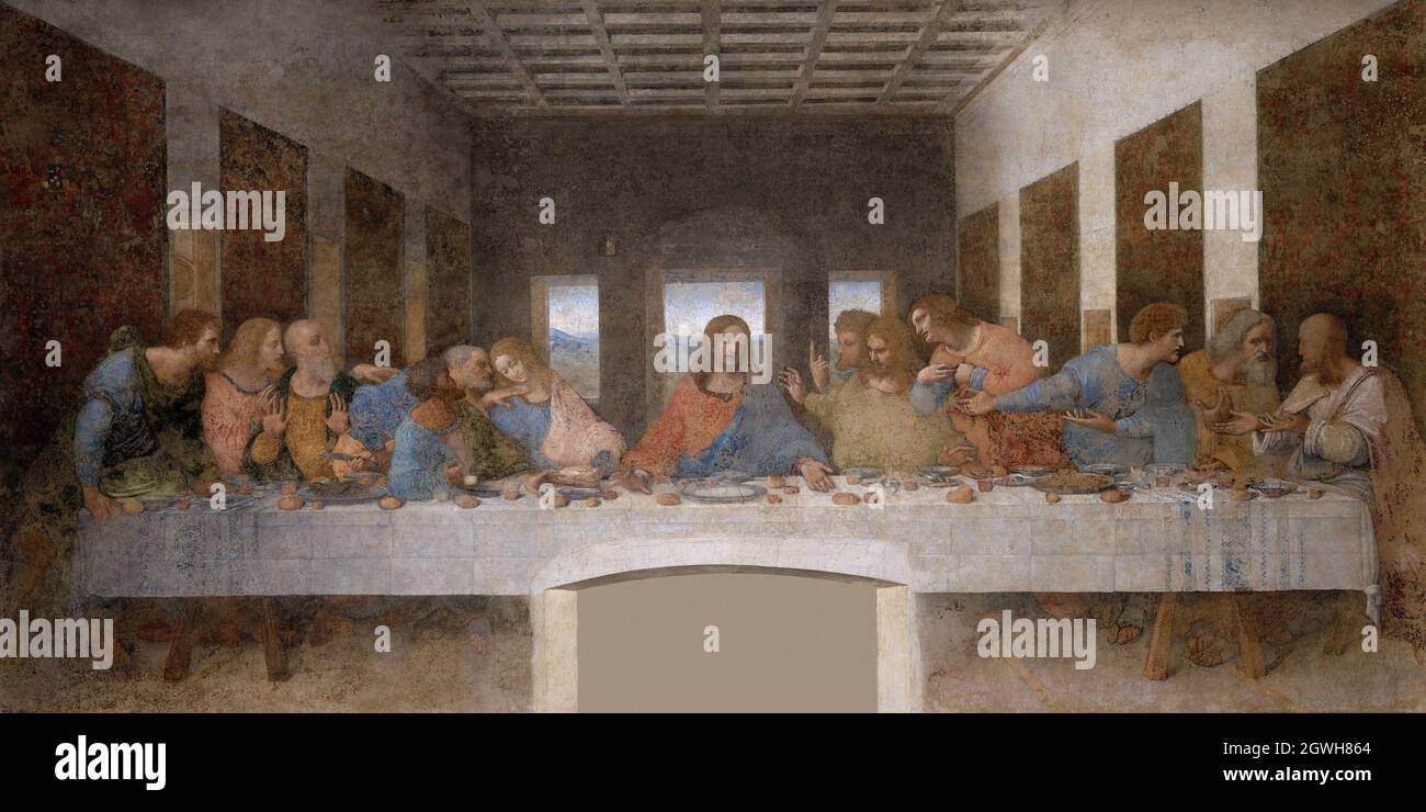 Leonardo Da Vinci's famous masterpiece The Last Supper showing Jesus and his disciples Stock Photo