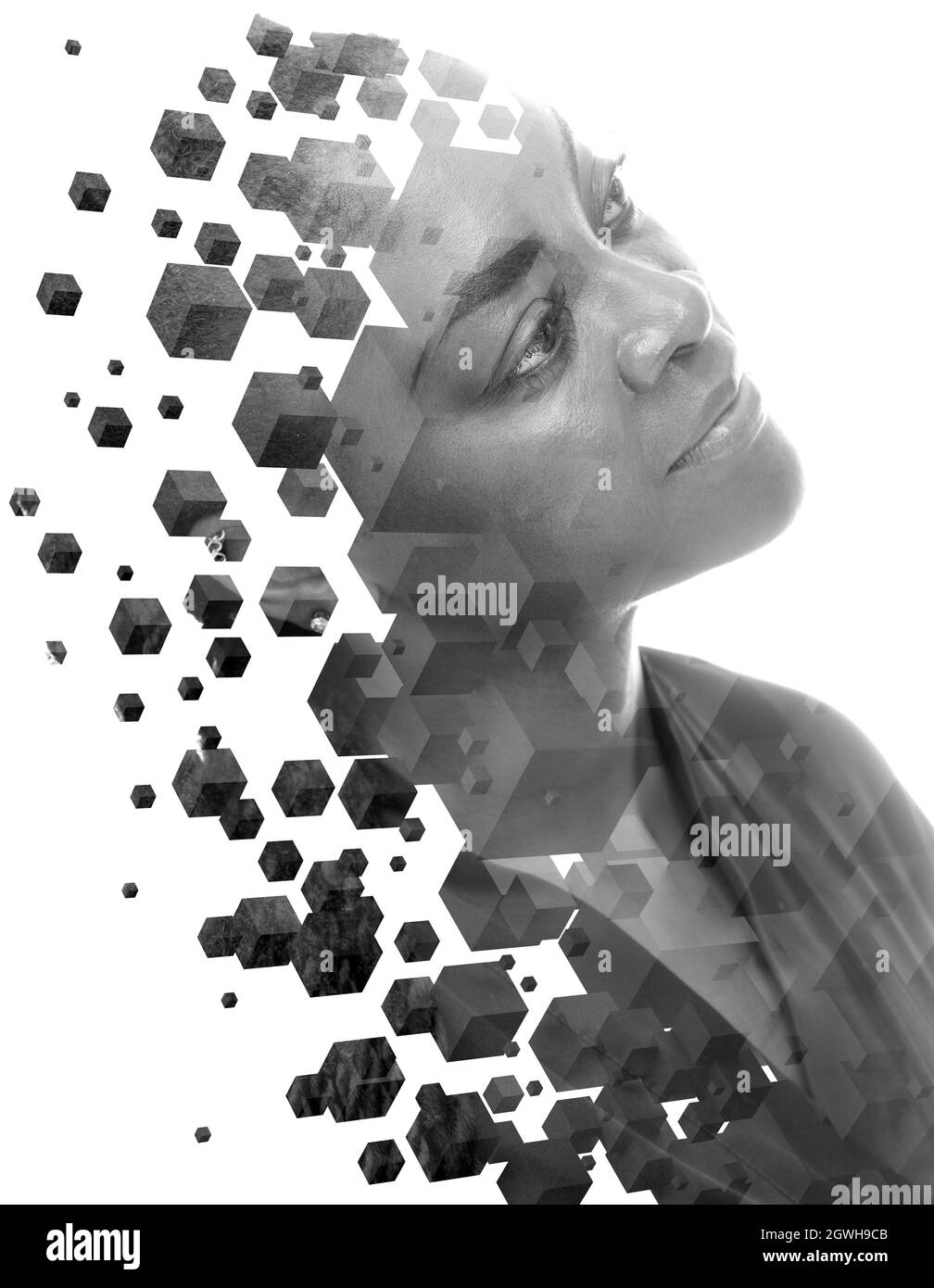 A black and white portrait of a young woman combined with multiple 3D cubes. Stock Photo