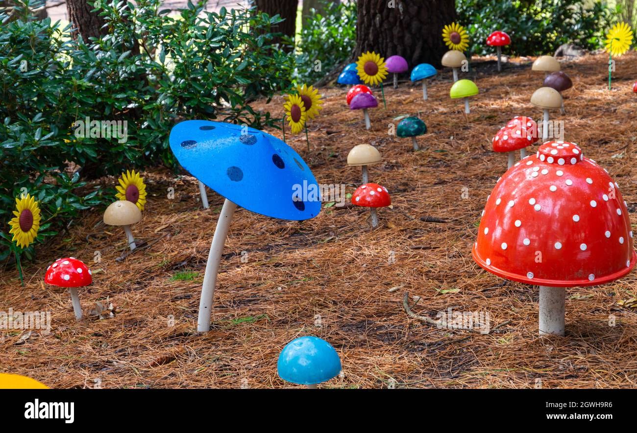 Bournemouth, Dorset UK. 3rd October 2021. After a washout yesterday, crowds head to Bournemouth to attend the Bournemouth Arts by the Sea Festival with this year's theme of 'Connect' with a mixture of rain showers and sunny intervals.  Enchanted Garden by Urban Furniture Perspective. Credit: Carolyn Jenkins/Alamy Live News Stock Photo