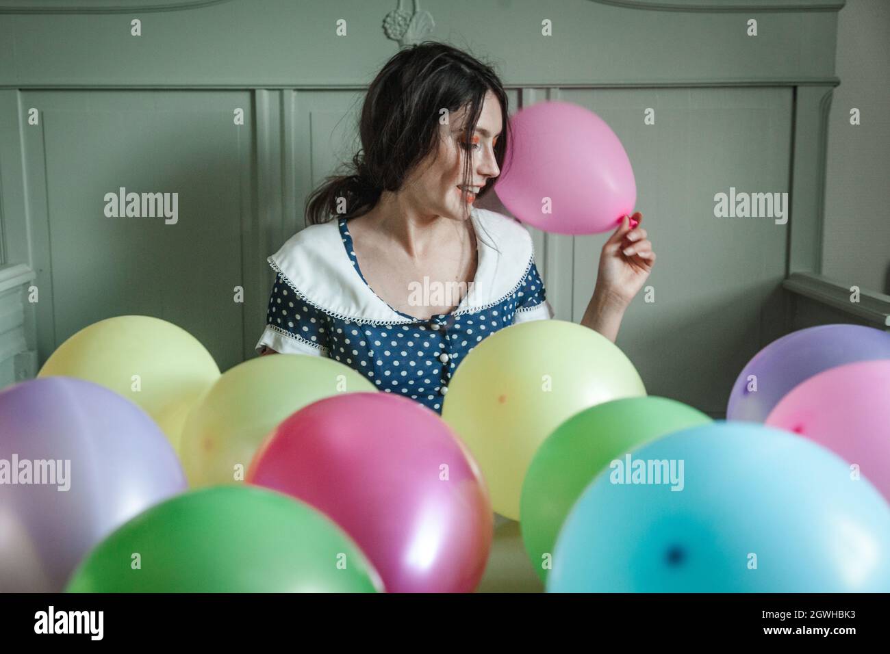 Full Length Of Woman Colorful Balloons Stock Photo Alamy