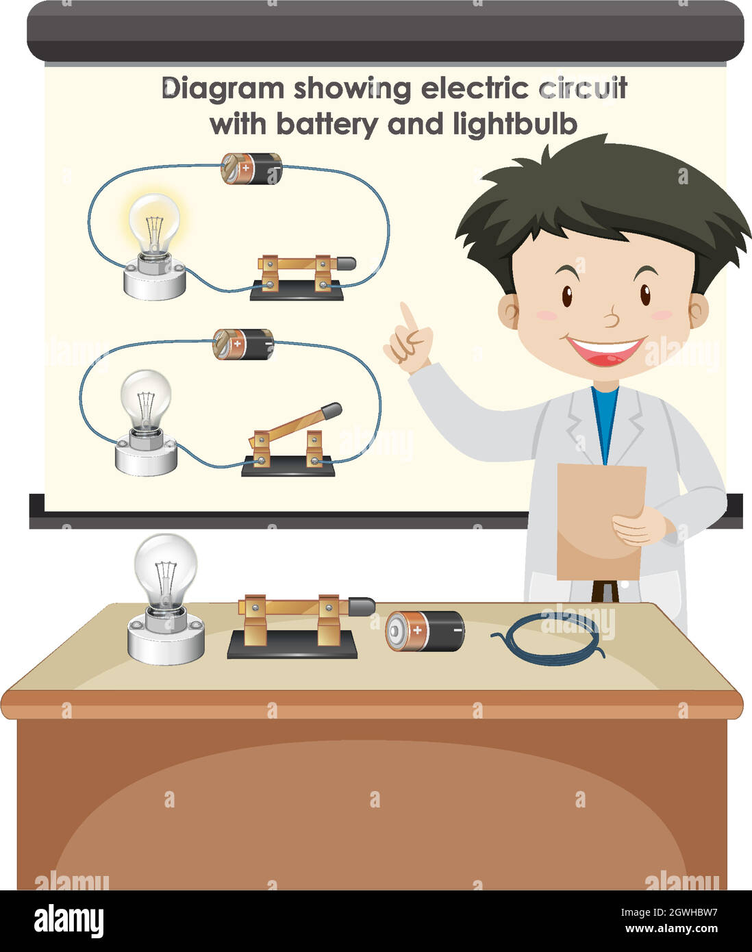 Scientist explaining electric circuit with battery and lightbulb Stock Vector