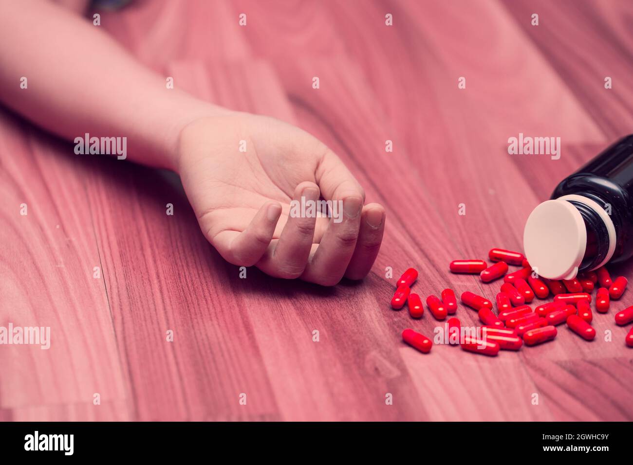 young teen woman take many medicine overdose for suicide from depression disease concept. Stock Photo