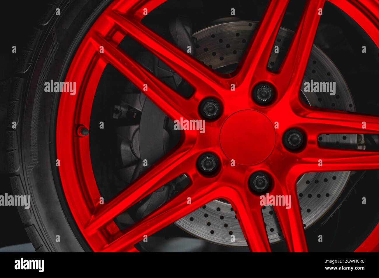 Alloy wheel Rim or Mag disc brake caliper in Super car high performance auto part Stock Photo