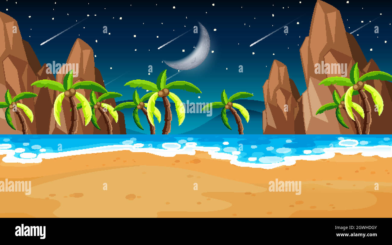 Tropical beach scene with many palm trees at night Stock Vector Image ...