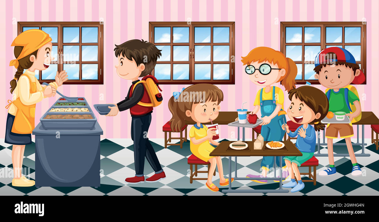 Multiracial kids sitting at table in school canteen and greeting newcomer  boy holding tray with food. Children s relationships concept. Vector  illustration for banner, website, poster, advertisement. Stock Vector