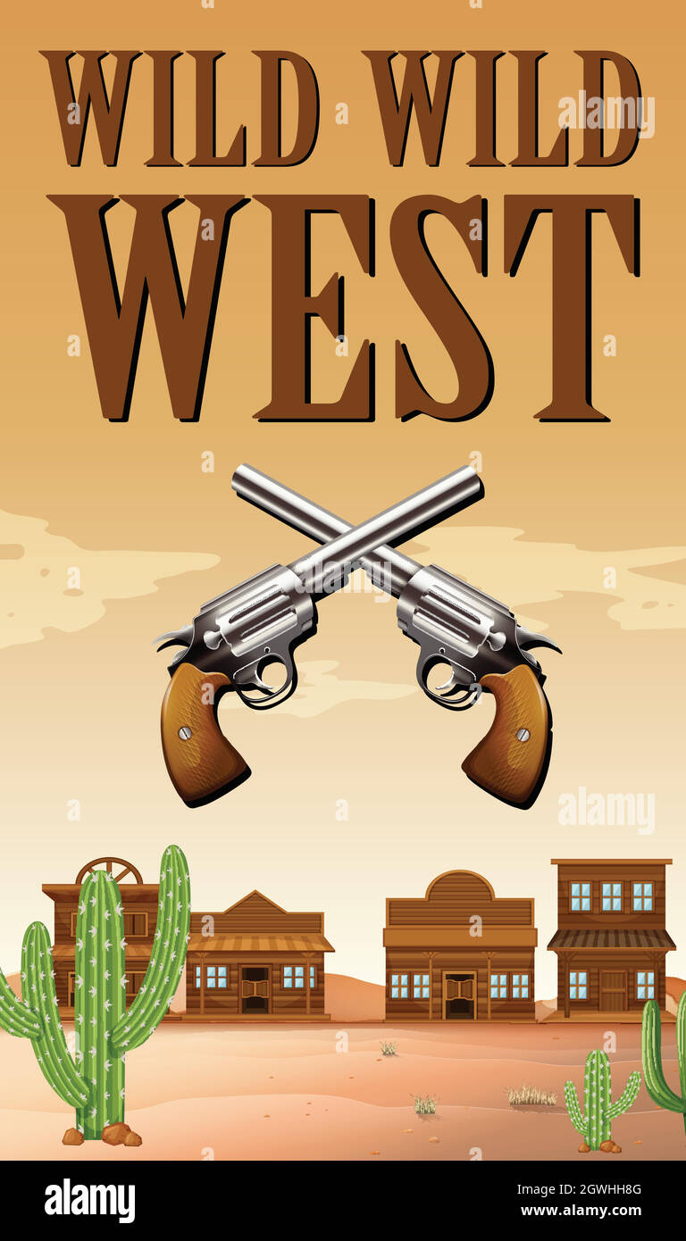 Wild west poster with buildings and guns Stock Vector