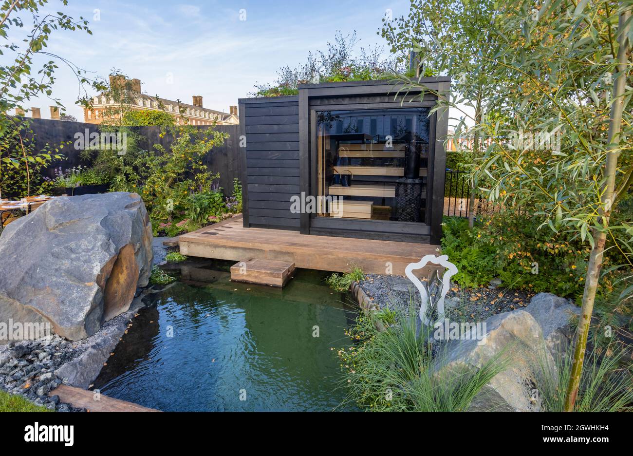 The Finnish Soul Garden Sanctuary Garden at RHS Chelsea Flower Show, held in the grounds of the Royal Hospital Chelsea, London SW3 in September 2021 Stock Photo