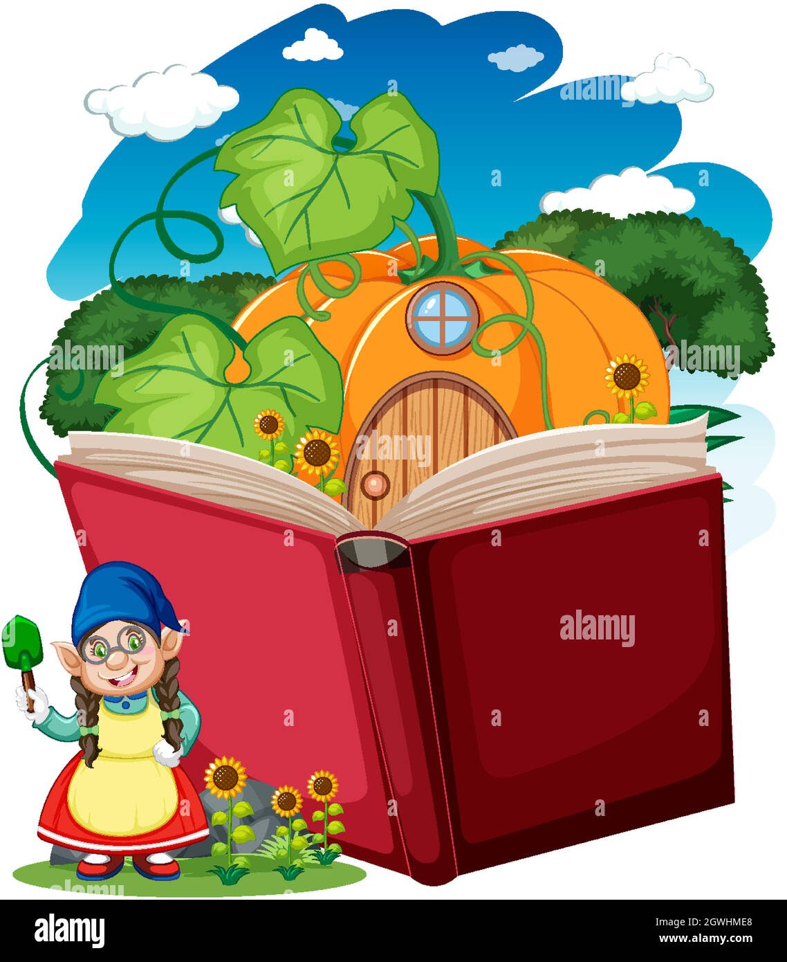 Gnome and pumpkin house with pop up book cartoon style on white