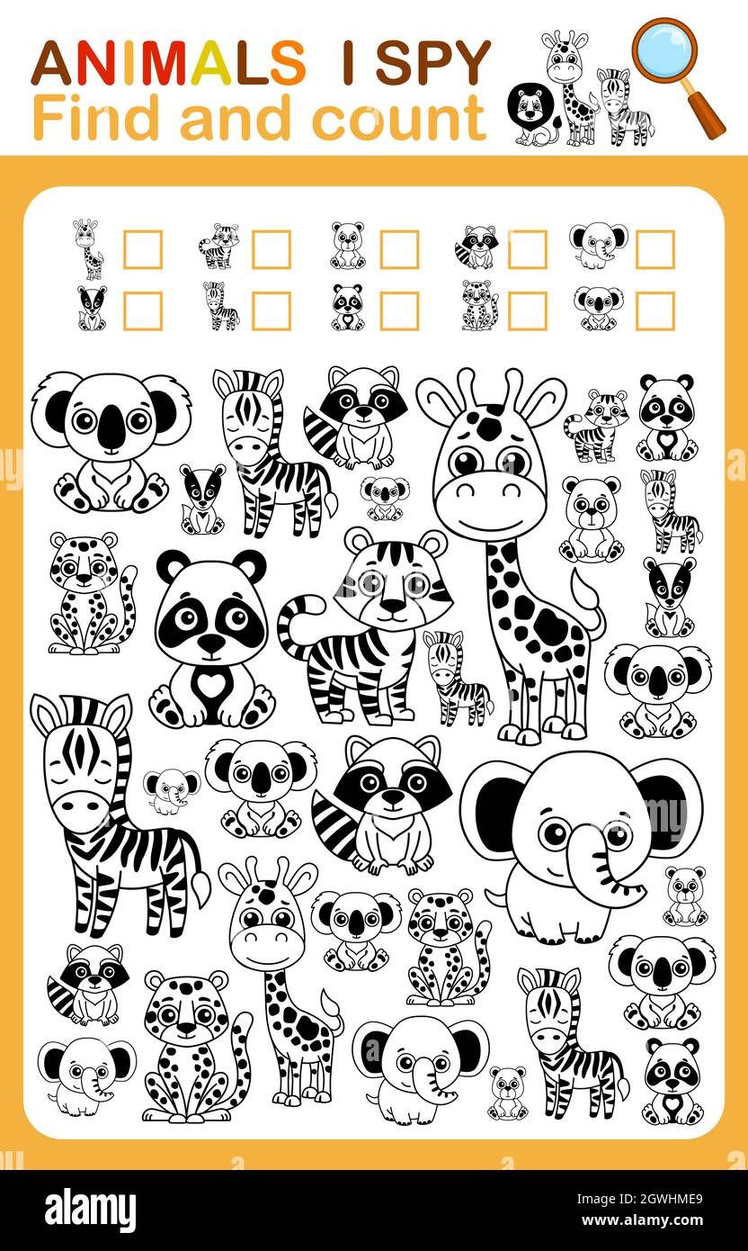 coloring book page i spy count and color zoo animal printable worksheet for kindergarten and preschool stock vector image art alamy