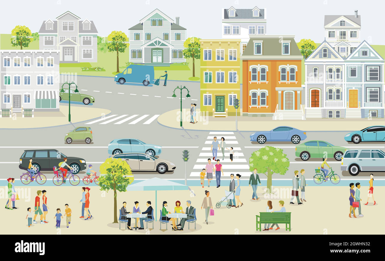 Small town with houses and traffic, pedestrians in the suburb - illustration Stock Vector