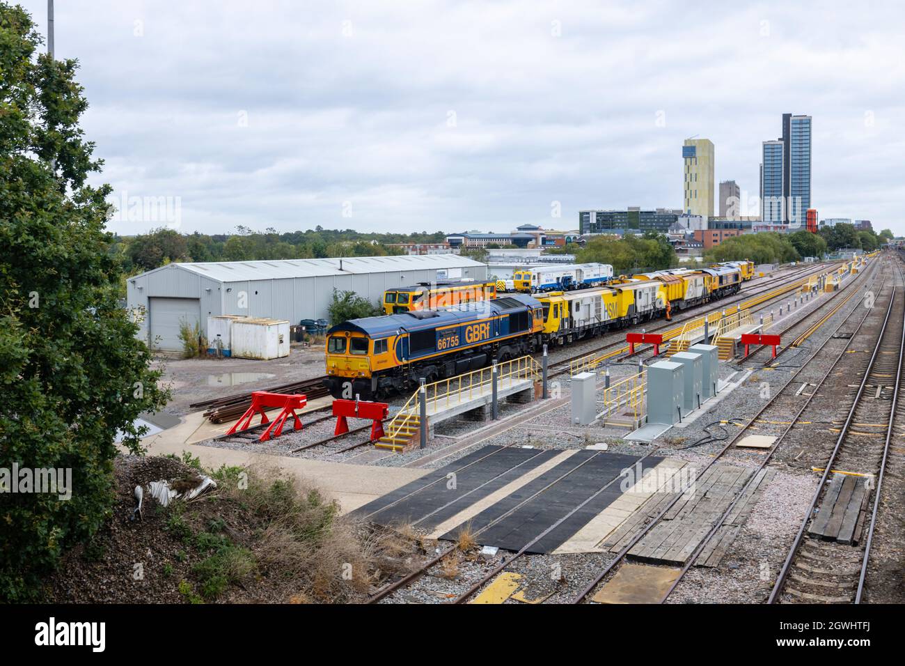 Rail freight depot with GBRf and HSM diesel engines in sidings at Woking railway station, Surrey, south-east England Stock Photo