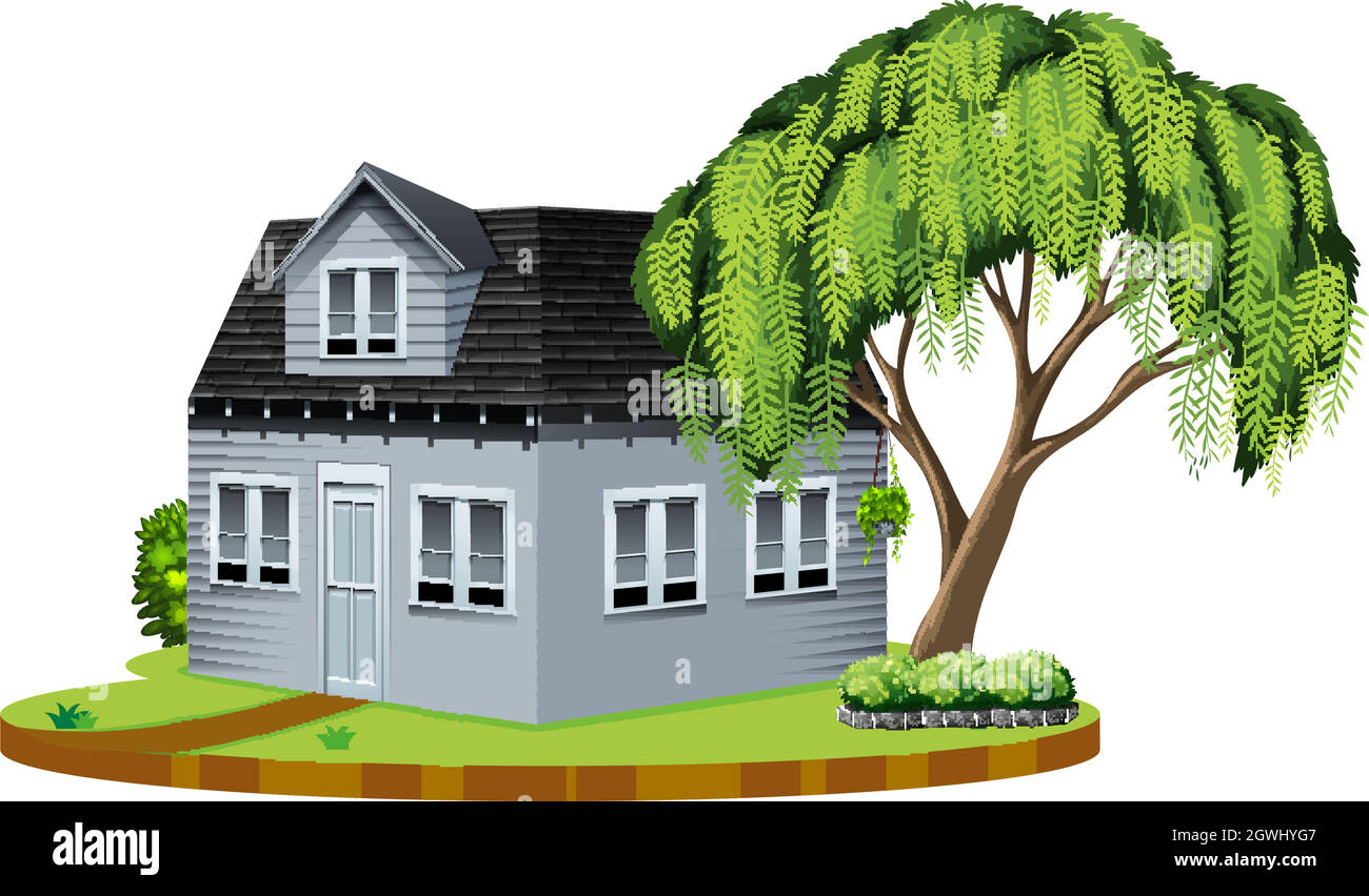 Gray house with big tree in lawn Stock Vector