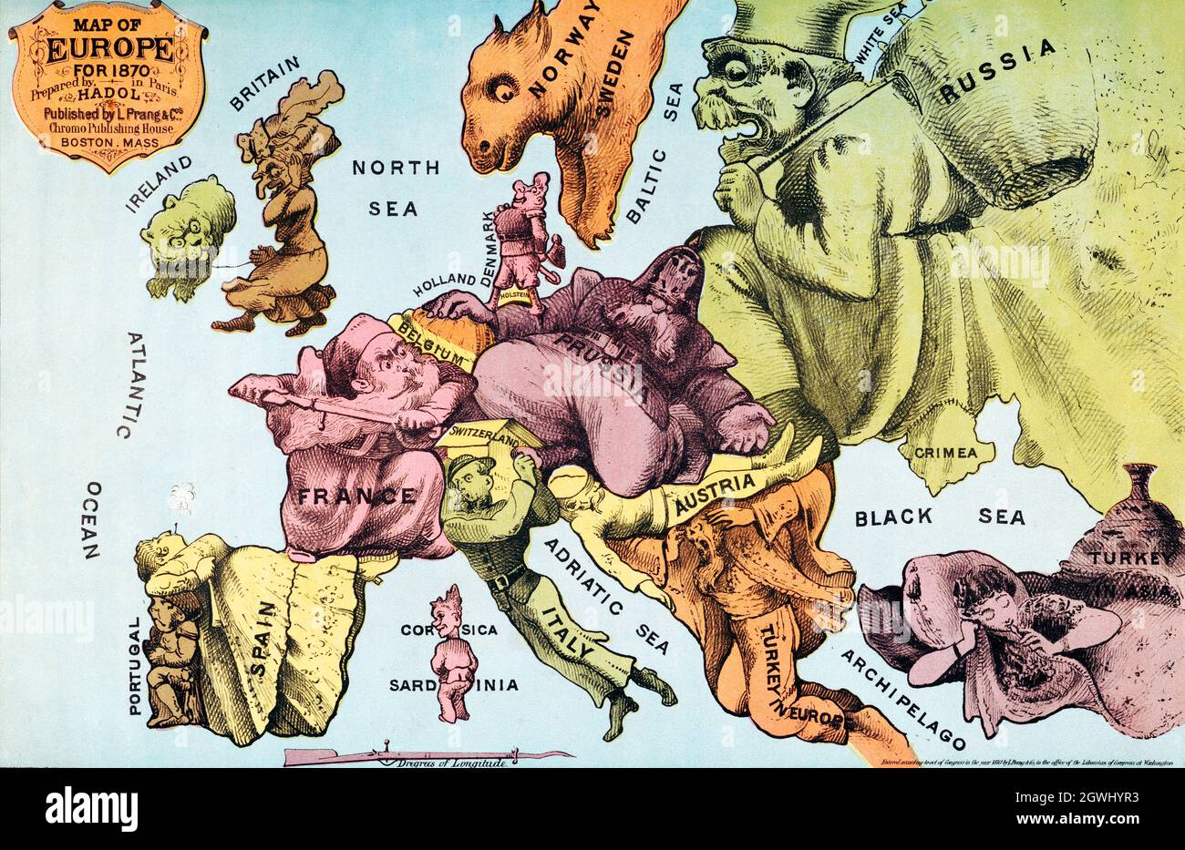 War Map of Europe: As seen through French eyes by Paul Hadol. Satirical map. Stock Photo