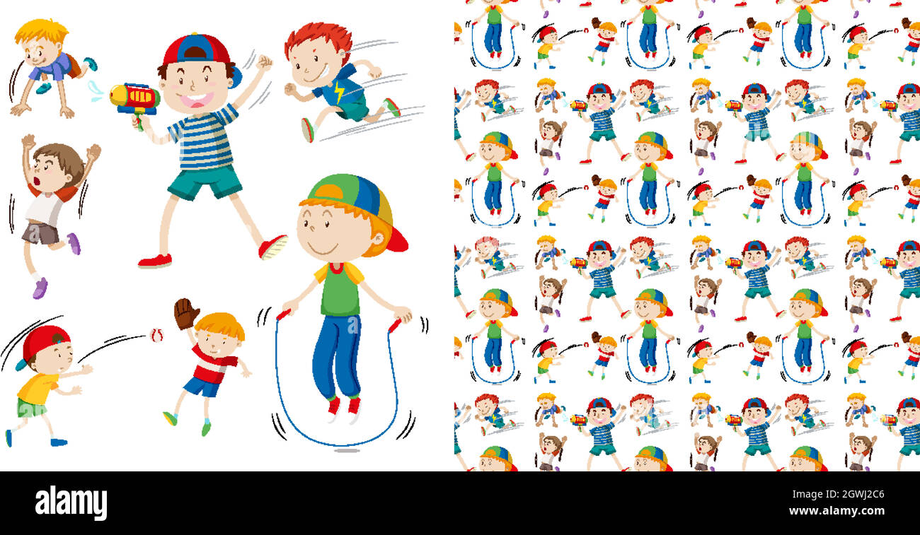 Seamless background design with isolated set of kids playing Stock
