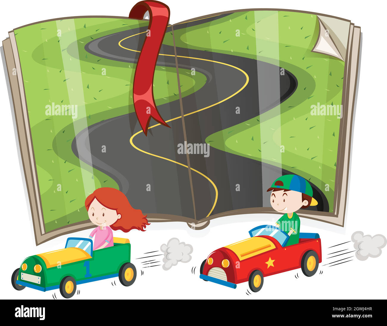 Book with road and racing cars Stock Vector