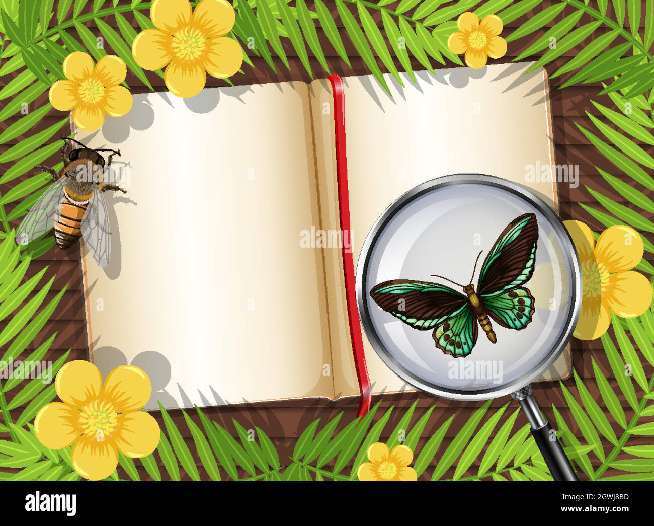 Top view of wooden table with blank page of book and insects and leaves