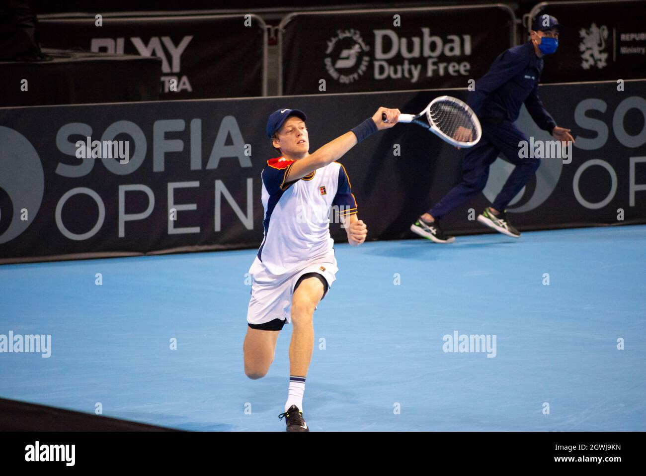 Jannik Sinner of Italy in action against Gael Monfils of France during the men's singles final of the Sofia Open 2021 ATP 250 indoor tennis tournament on hard courts Alamy Live News Stock Photo