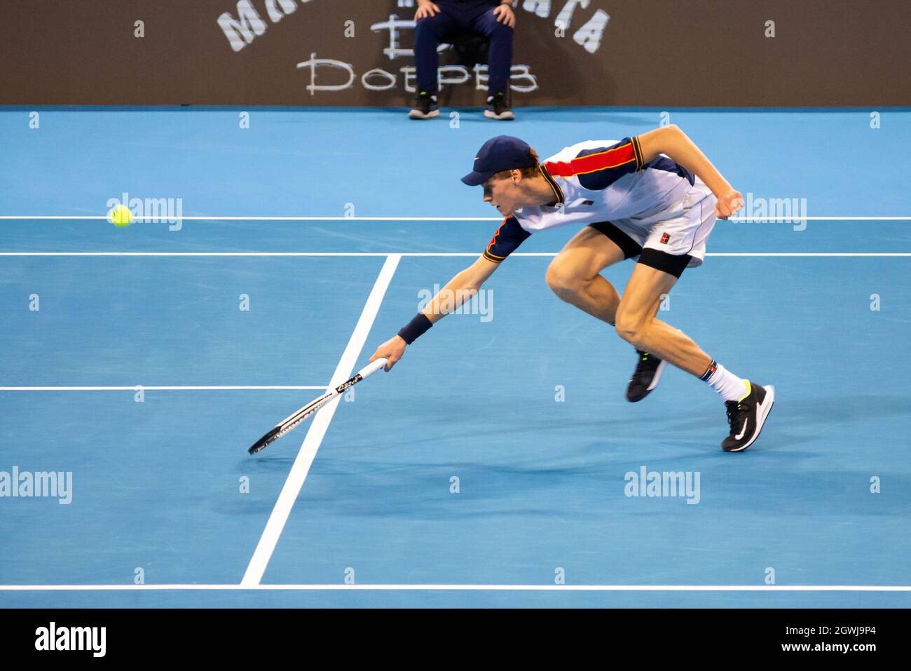 Jannik Sinner of Italy in action against Gael Monfils of France during the men's singles final of the Sofia Open 2021 ATP 250 indoor tennis tournament on hard courts Stock Photo