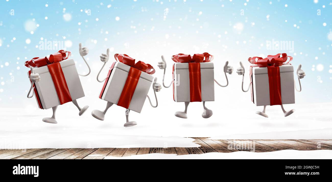 happy christmas gifts jumping with thumbs up. cartoon figure with snow