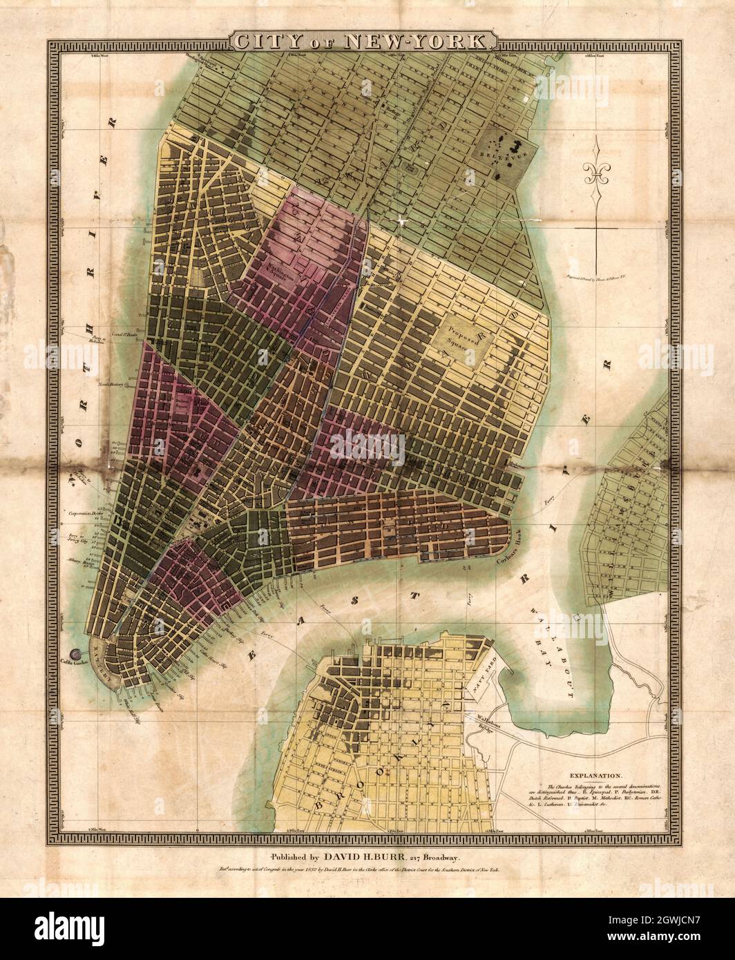 Map of City of New York, New York, 1832 by Burr, David H., 1803-1875. Illman & Pilbrow. Stock Photo