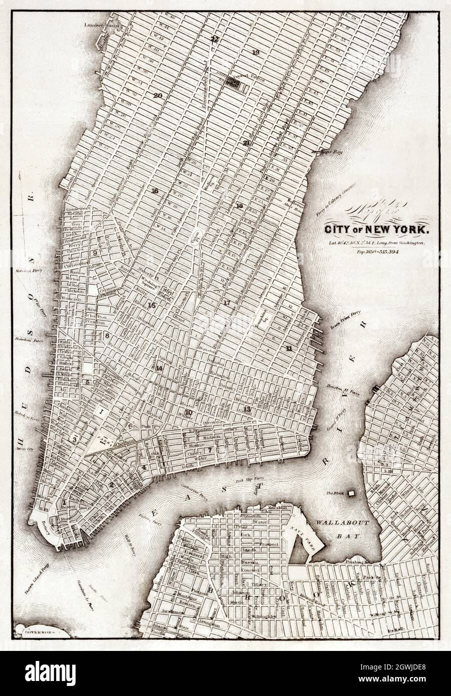 Vintage map of the city of New York (ca. 1850). Stock Photo