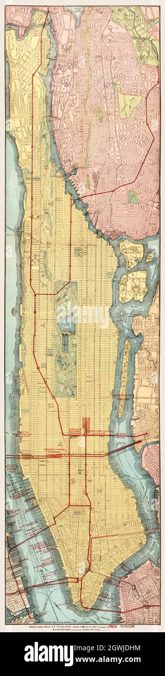 Rapid transit map of Manhattan and adjacent districts of New York City (1908) by Rand McNally and Company. Stock Photo