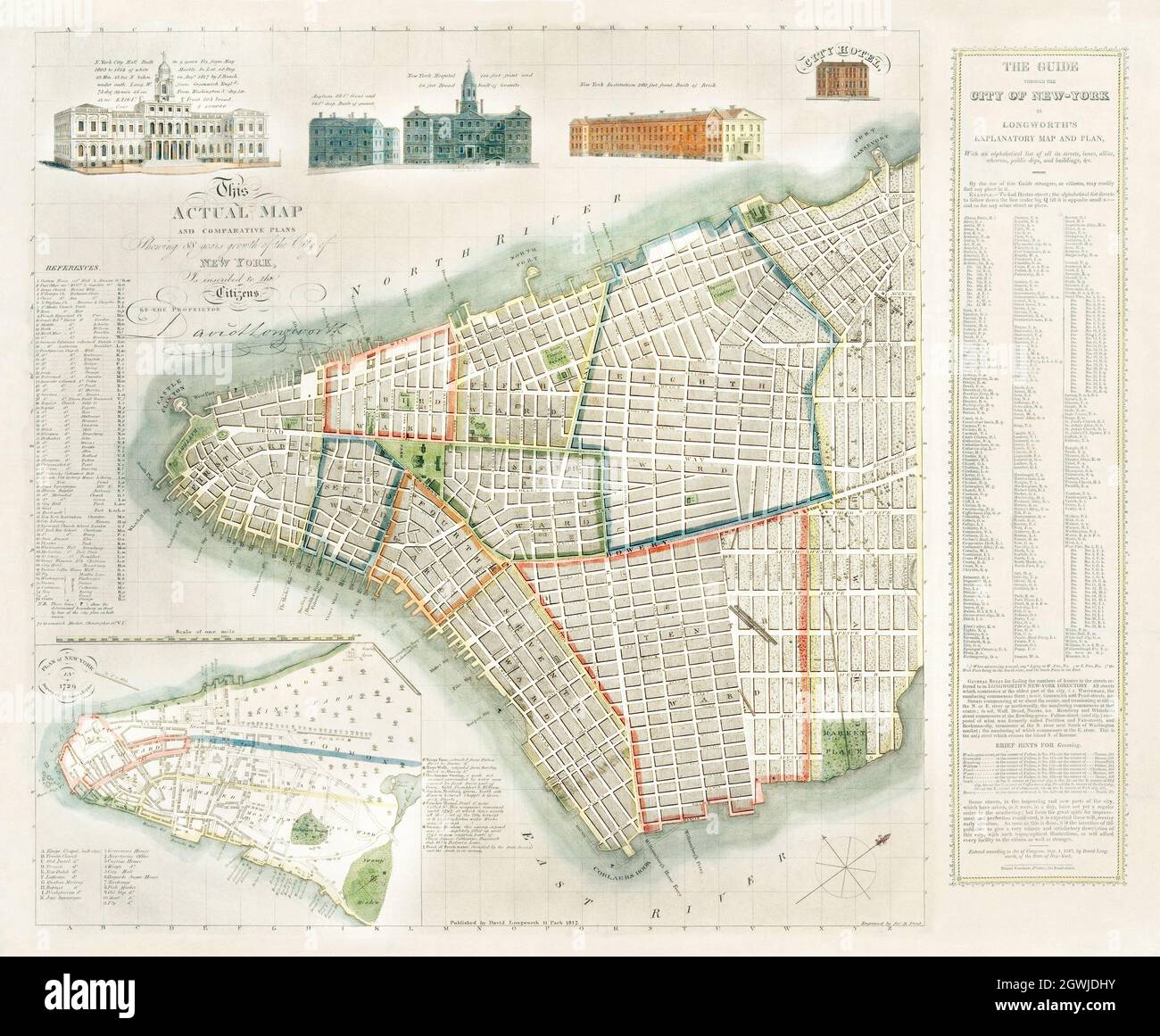 The City of New York: Longworth's Explanatory Map and Plan (1817) by David Longworth. Stock Photo
