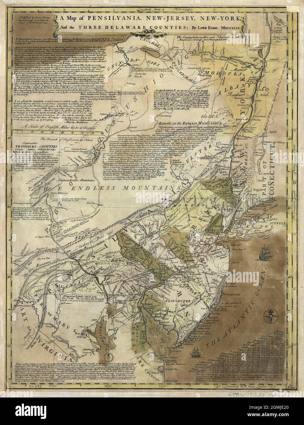 A map of Pensilvania, New-Jersey, New-York, and the three Delaware counties. Created / Published, Philadelphia 1749. Stock Photo
