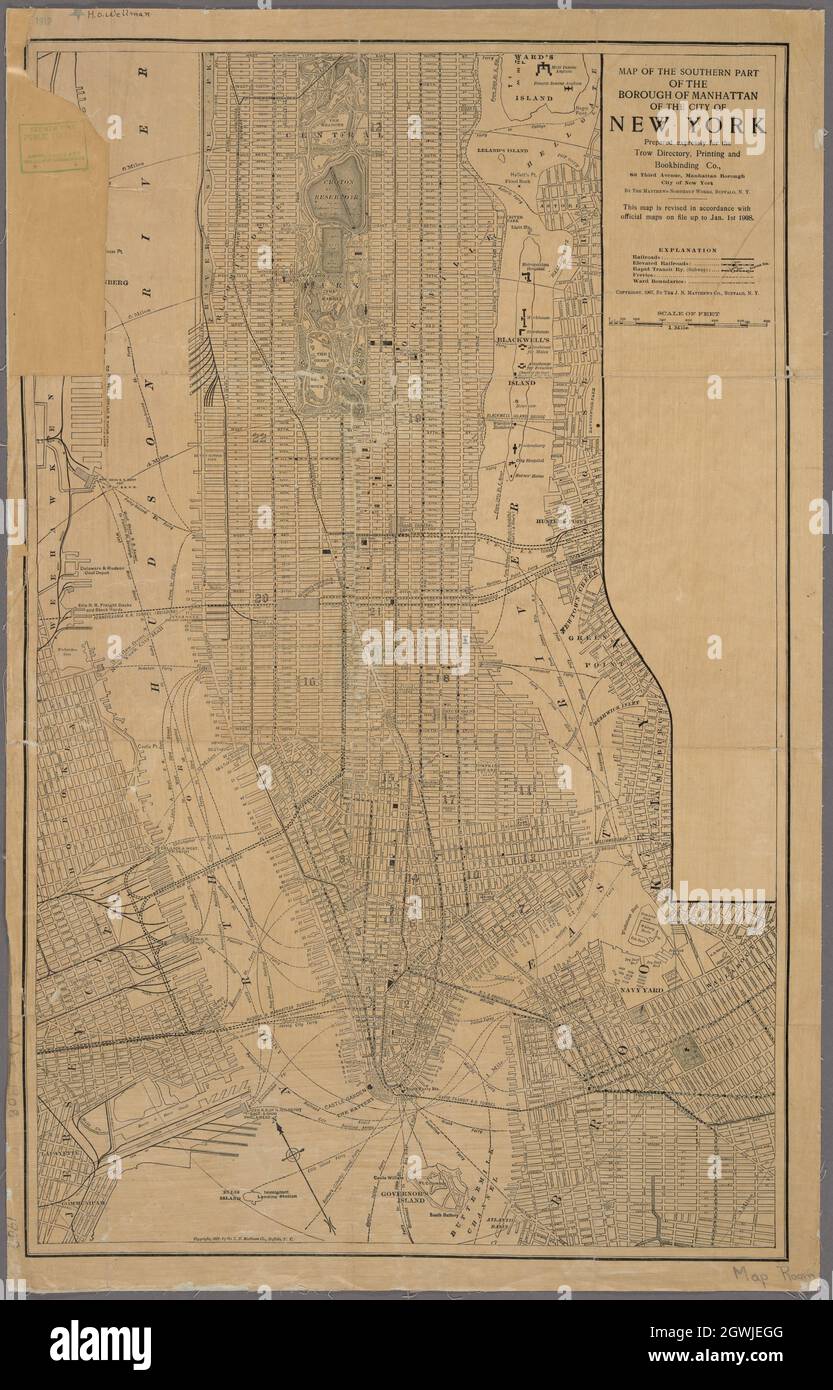 Map of the southern part of the borough of Manhattan of the City of New York. 1907. Stock Photo