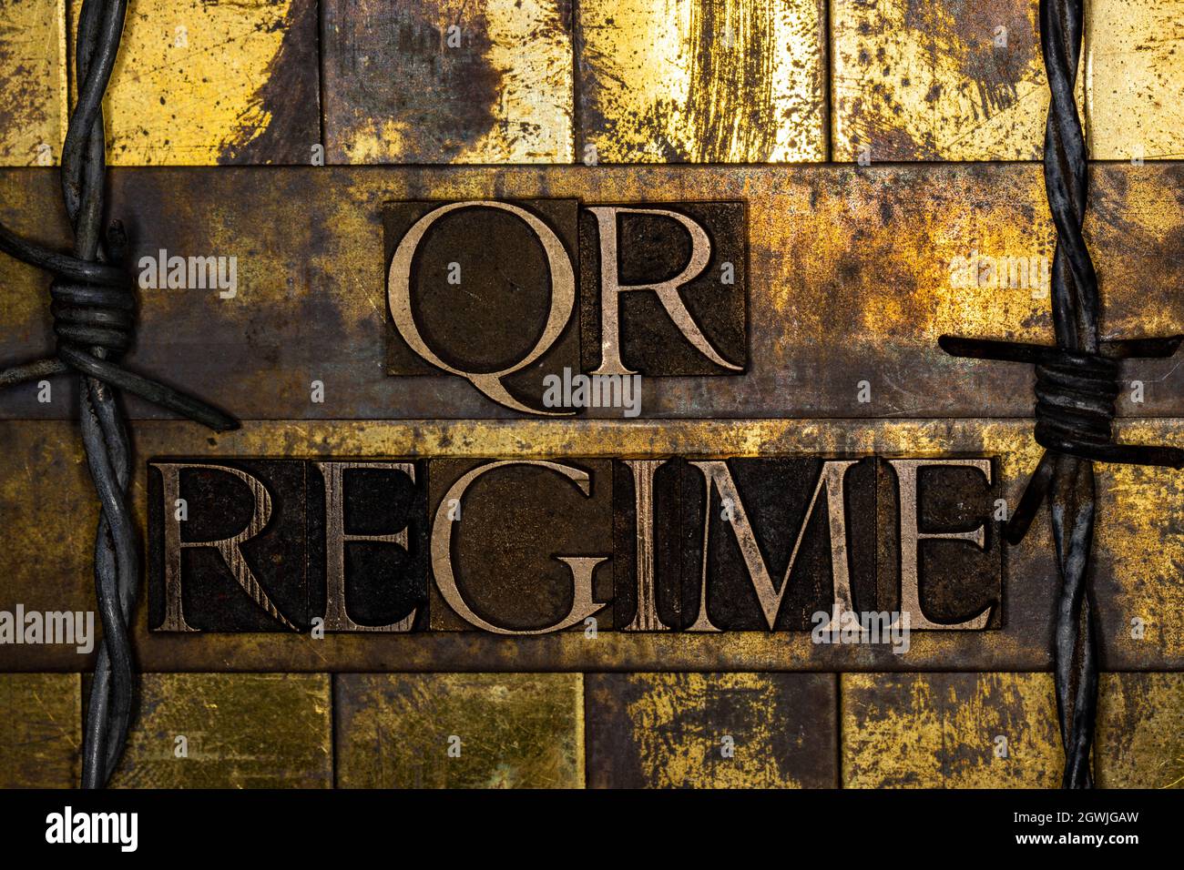QR Regime text on textured grunge copper and vintage gold background Stock Photo